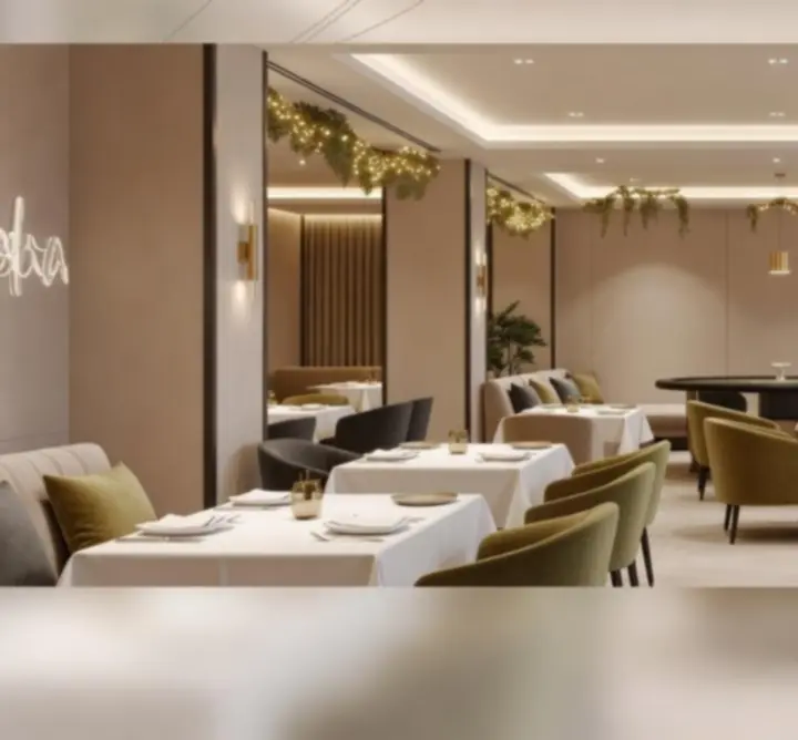 Elegáns, filmszerű panoráma a Play Veerto modern éttermi teréről és lounge világításáról.